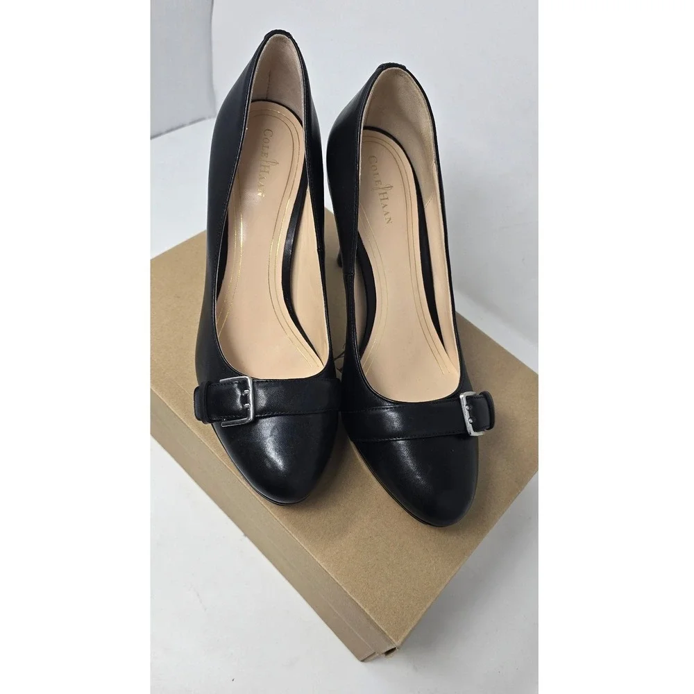Cole Haan women 9.5B black Chelsea buckle pump Almond toe stiletto platform chic
